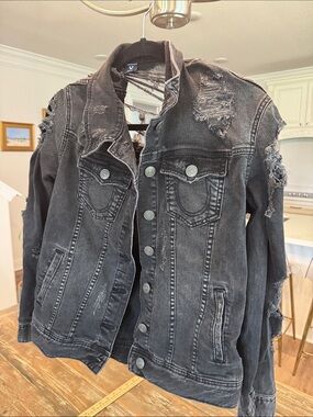 True Religion Distressed Black Denim Jacket - Button Front